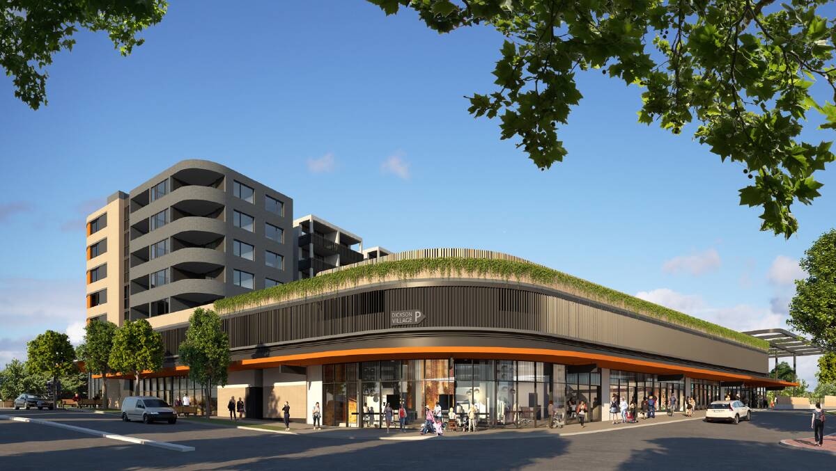 An artist's impression of the proposed Dickson town centre redevelopment which would add a new Coles supermarket, apartments, shops and restaurants. Picture: Supplied