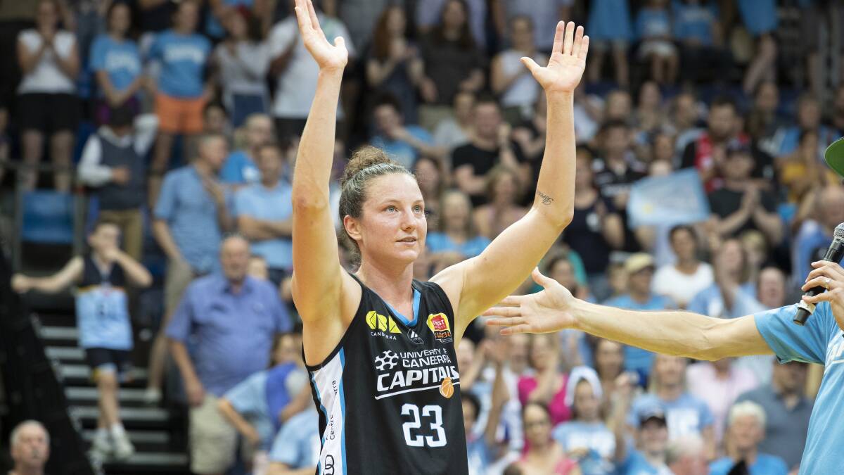 Canberra Capitals co-captain Kelsey Griffin thanks the crowd after their 88-67 win over the Adelaide Lightning at AIS Arena. Photo: Sitthixay Ditthavong