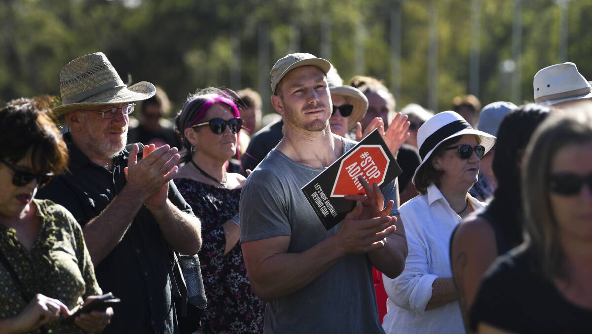 David Pocock attends a Stop Adani protest outside Parliament House in Canberra. Picture: AAP