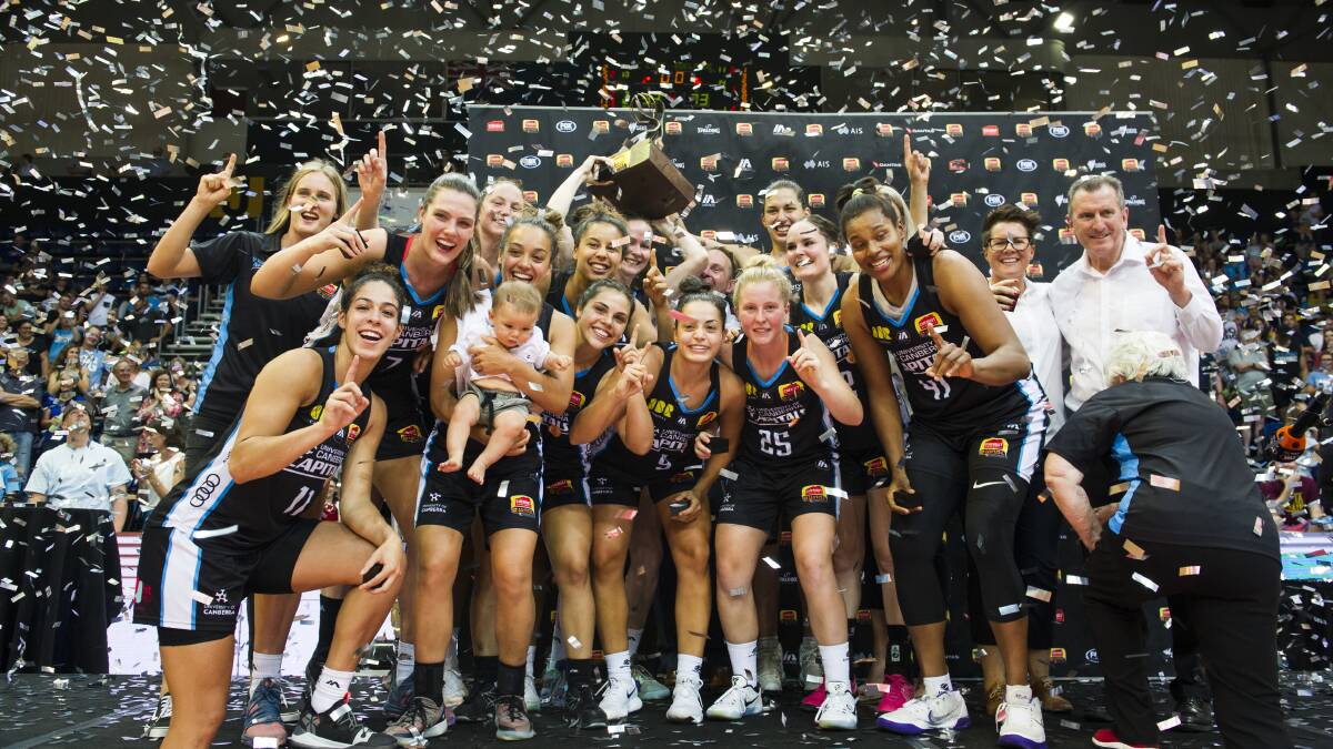 Canberra Capitals Vs Adelaide Lighting Grand Finals 2019. The Canberra Capitals celebrate after winning the grand final. Photo: Dion Georgopoulos