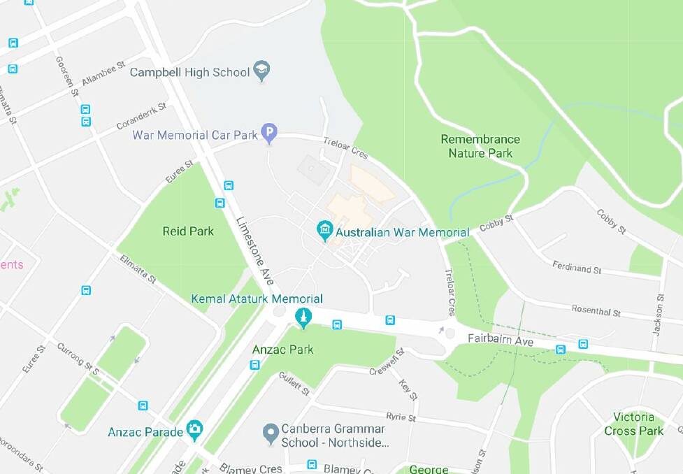 The Australian War Memorial proposed to acquire land behind Treloar Crescent for construction workers to use, and eventually, a car park. Picture: Google Maps.