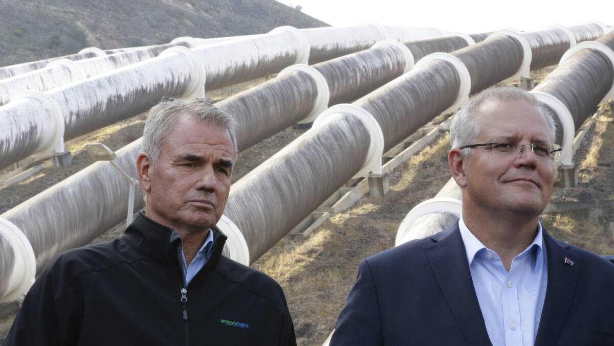 Snowy Hydro CEO Paul Broad and Prime Minister Scott Morrison during a visit to the Snowy Hyrdo Tumut 3 power station in Talbingo in February. Picture: Alex Ellinghausen