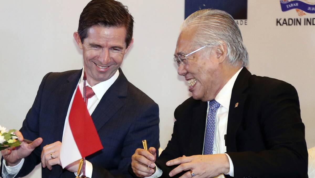 Australian Trade Minister Simon Birmingham and Indonesian Trade Minister Enggartiasto Lukita in Jakarta in March. Picture: AP