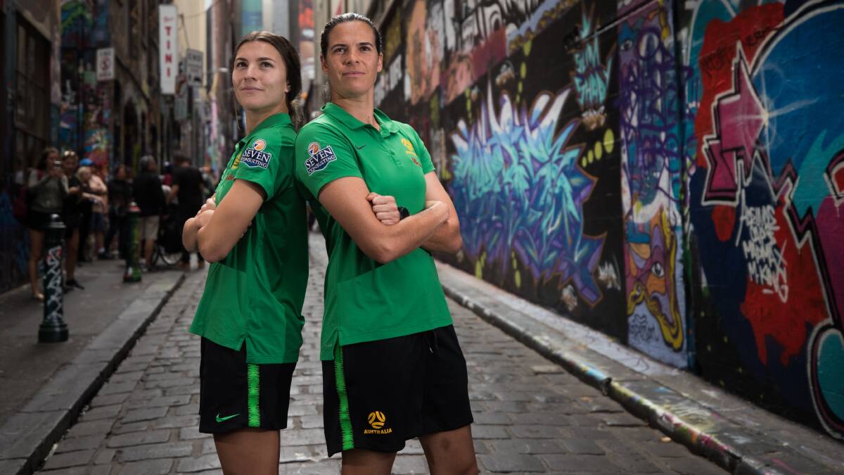 Matildas vice-captain Steph Catley (left) and goalkeeper Lydia Williams in Melbourne. Picture: Jason South