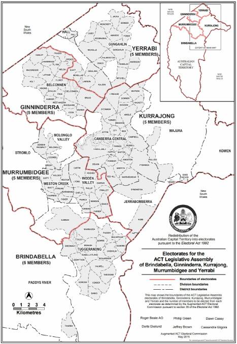 The 2016 ACT electorate boundaries.