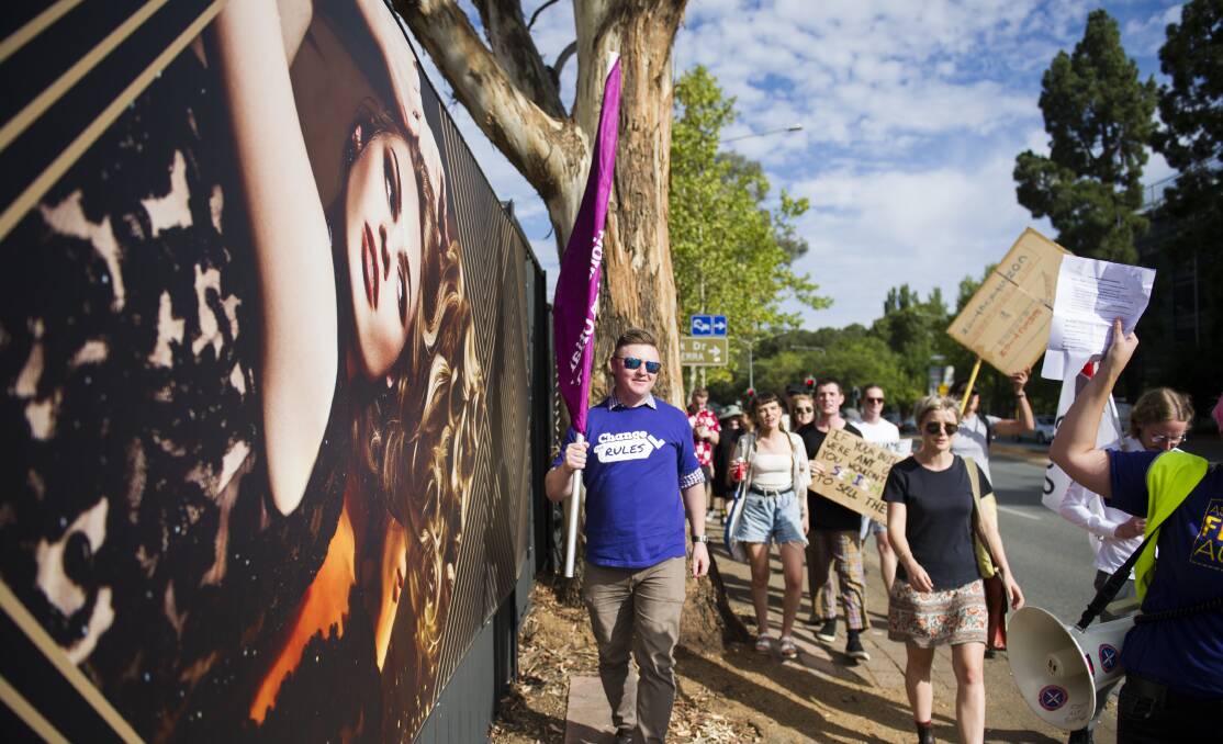 A union protest about Geocon's advertising at development site Tryst in March. Picture: Dion Georgopoulos