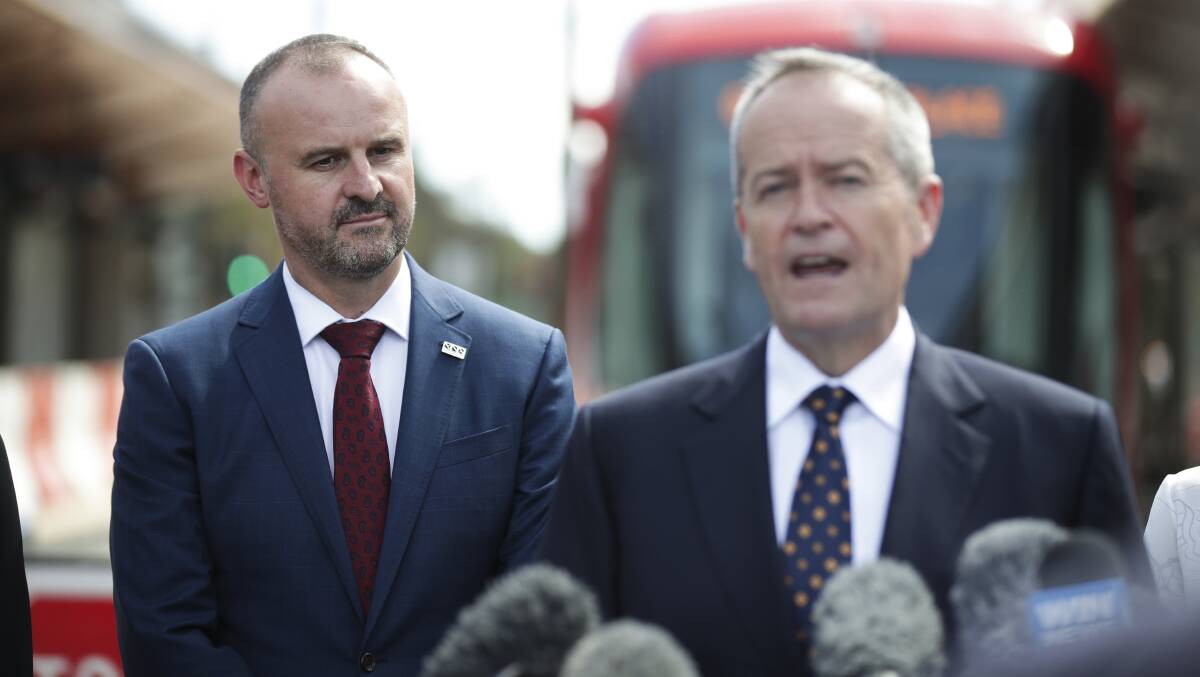 Chief Minister Andrew Barr, pictured with Opposition Leader Bill Shorten, says Labor's election loss will push stage two of light rail back years. Picture: Alex Ellinghausen