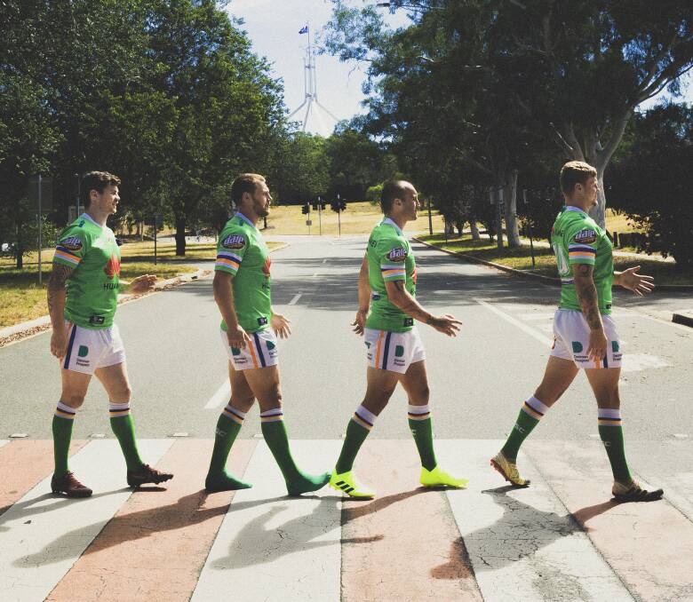 Raiders players (from left) John Bateman, Elliot Whitehead, Josh Hodgson and Ryan Sutton re-enact a famous album cover of The Beatles. Picture: Dion Georgopoulos