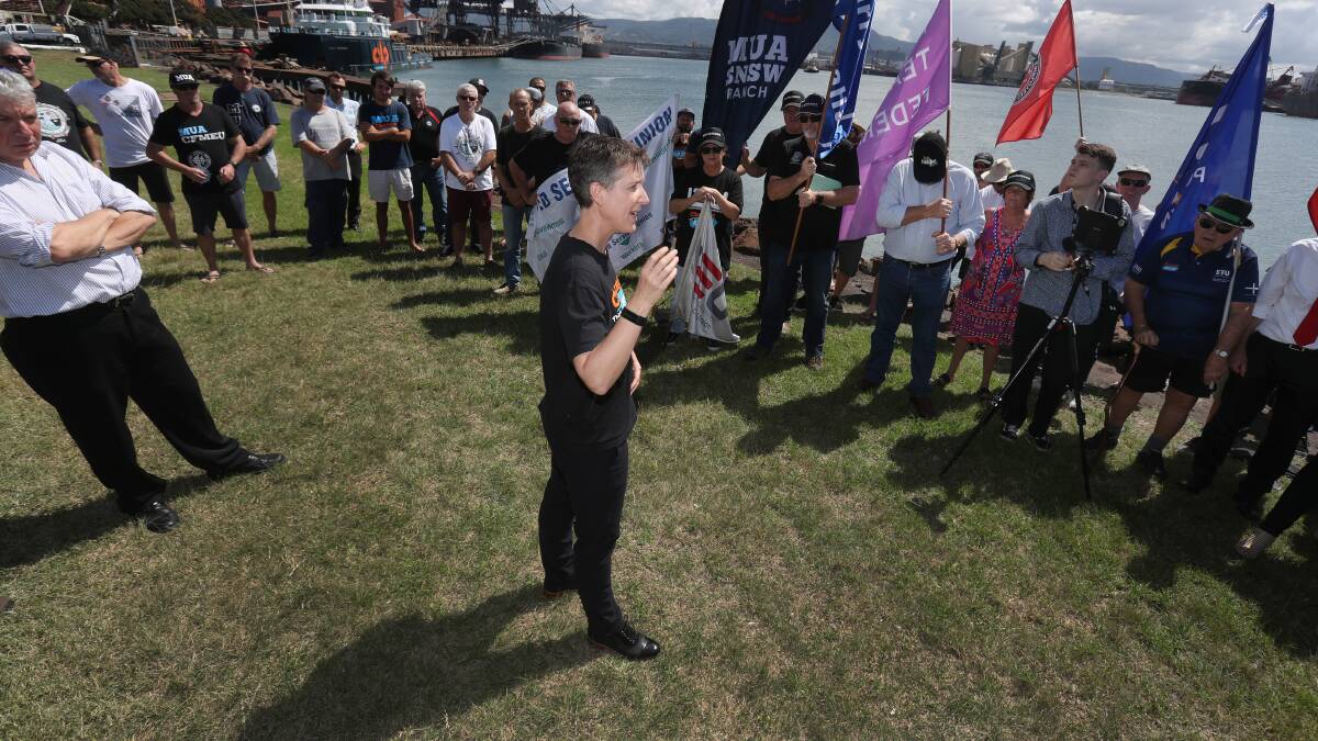 ACTU boss Sally McManus talking to union members at Port Kembla in 2019. Picture: Robert Peet