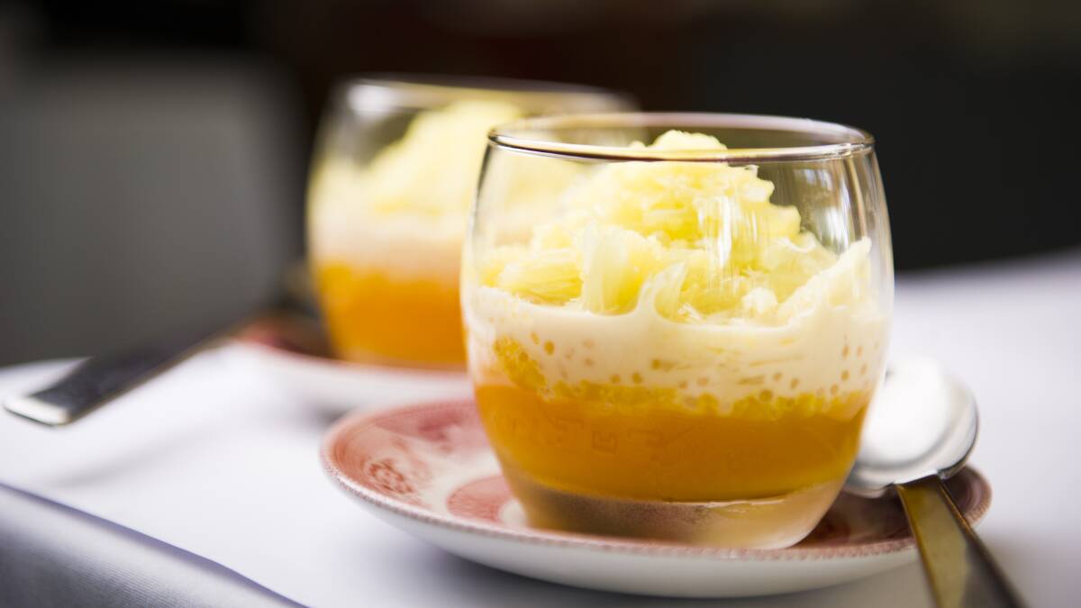 Mango pudding, pomelo, pineapple and coconut granita. Picture: Dion Georgopoulos
