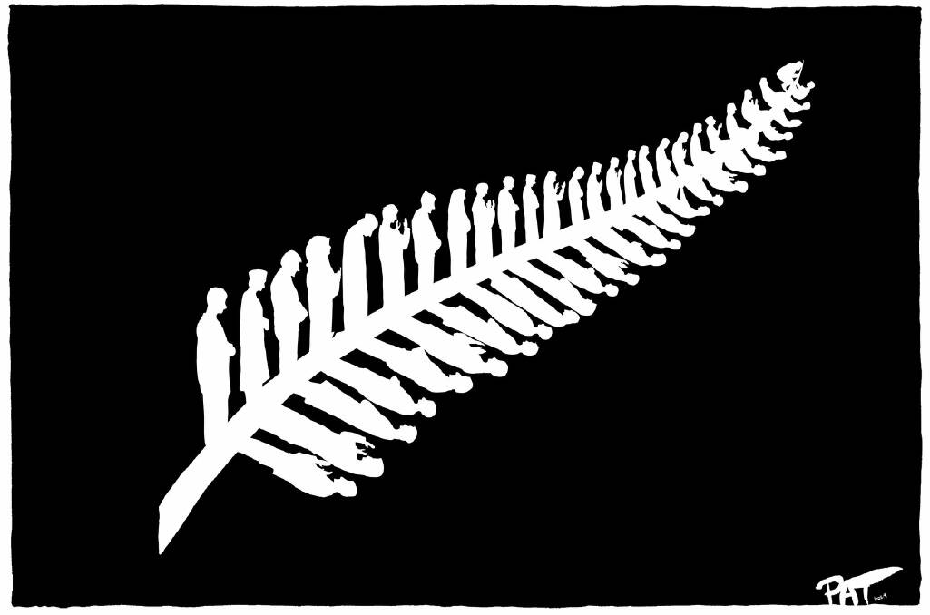The moving cartoon by Pat Campbell showing 50 Muslim figures in various stages of prayer, representing the 50 victims of the Christchurch massacre.
