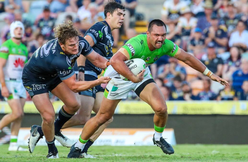 Raiders winger Jordan Rapana scored two tries and set up another in his 100th NRL game. Photo: AAP Image/Michael Chambers