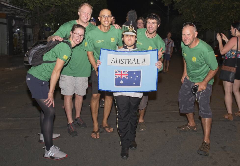 Photo of Australian paragliding team, left to right, Kari Ellis, Peter Slade, Felipe Rezende, Wal Arcidiacono, Gareth Carter. Photo: Supplied.