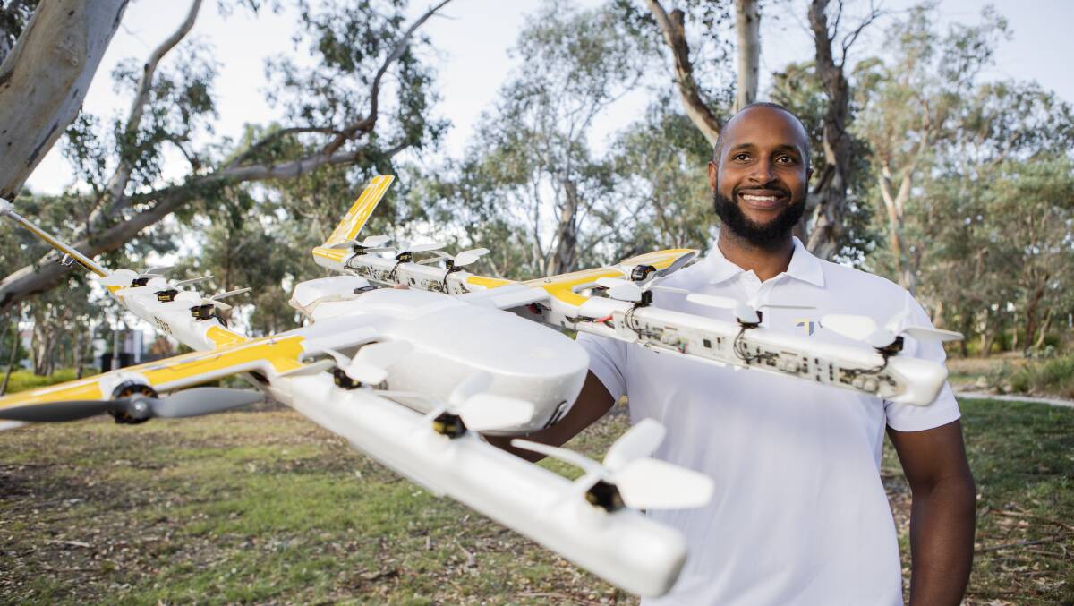 Wing's head of Australian operations, Terrance Bouldin-Johnson, with one of the company's delivery drones. Picture: Jamila Toderas