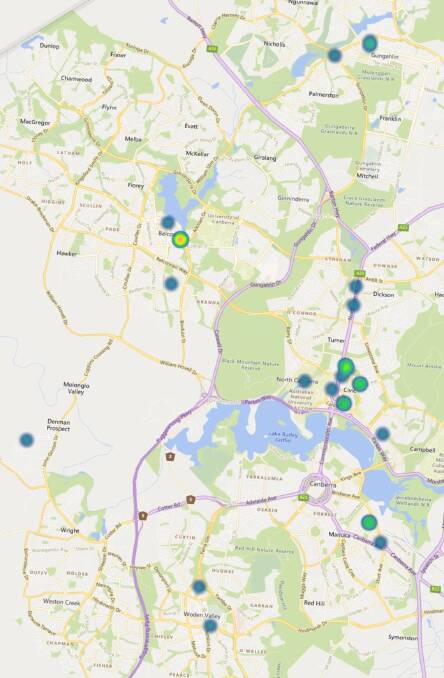 A heat map showing the locations of cranes in Canberra at the end of March 2019. Photo:Rider Levett Bucknall