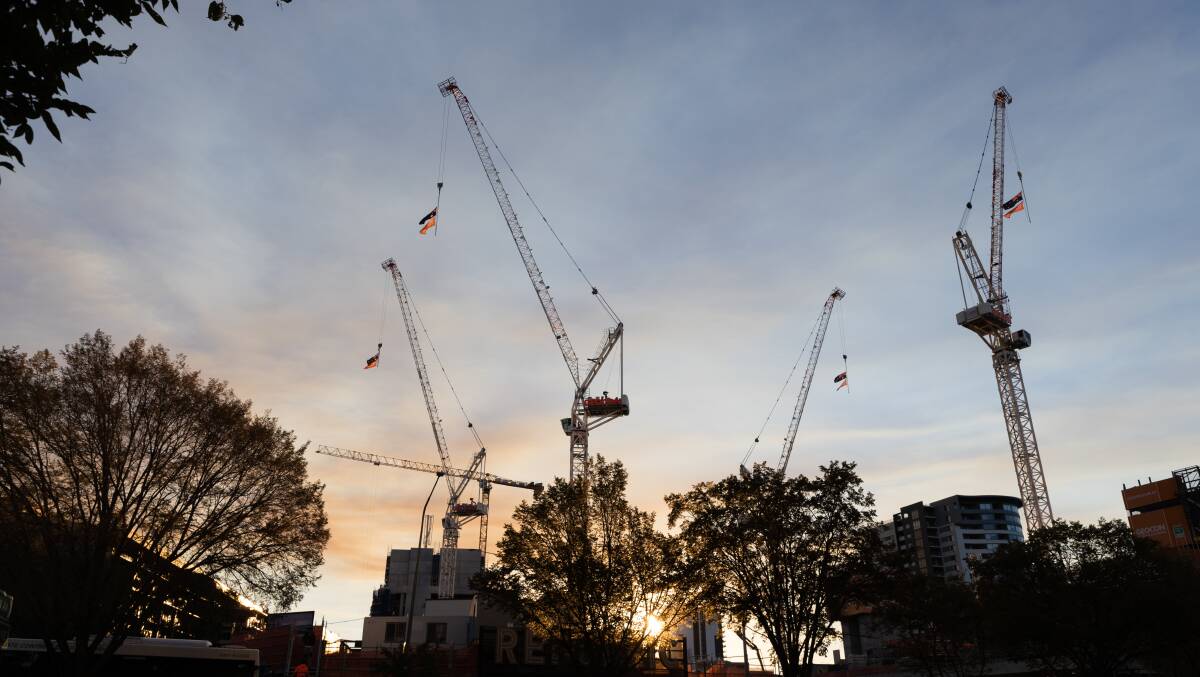 The number of cranes in Canberra has reached a record high of 28. The total includes four cranes at the Republic site in Belconnen. Photo: Gaynor Shaw