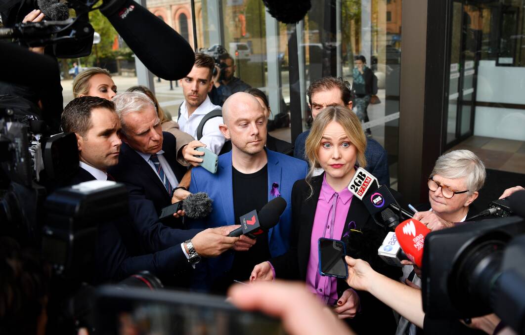 Eryn-Jean Norvill speaks to the media after the Geoffrey Rush defamation trial. She was thrust into the courtroom and not by her own choosing. Photo: AAP