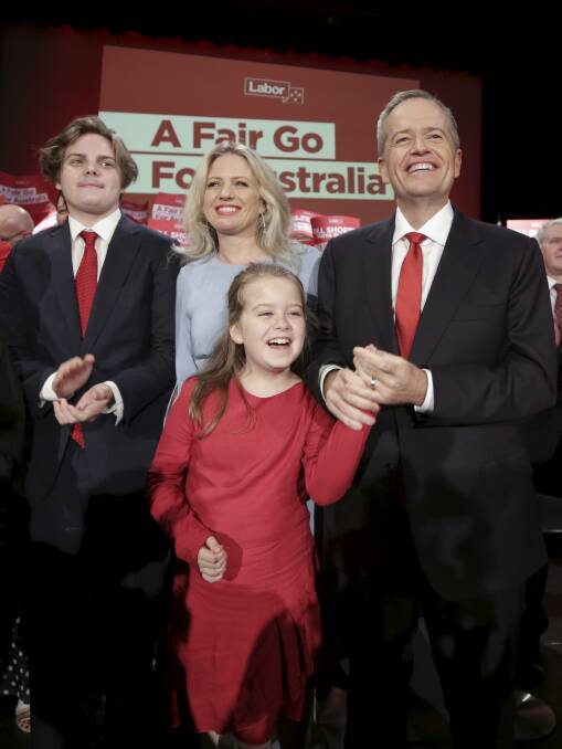 Opposition Leader Bill Shorten (right) with wife Chloe and children Clementine and Rupert during the 2019 Federal Election Volunteer Rally in Burwood, NSW, on Sunday 14 April 2019. Photo: Alex Ellinghausen