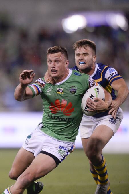 Raiders fiev-eighth Jack Wighton used his booming left boot as part of a plan to minimise Blake Ferguson's effectiveness. Photo: AAP Image/Rohan Thomson