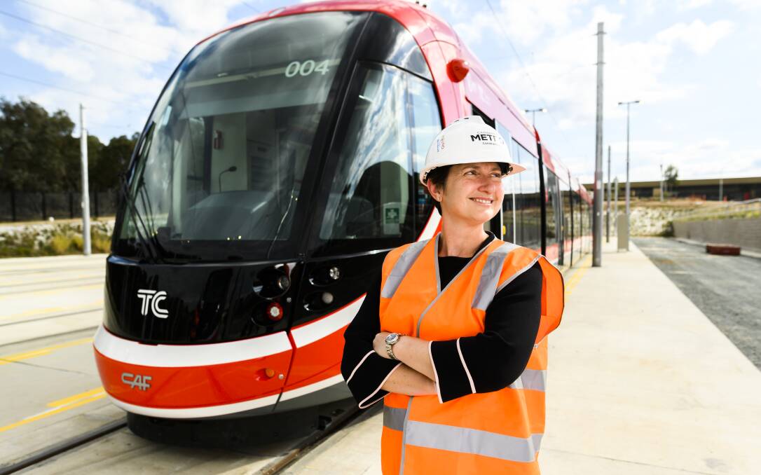 Transport Canberra and City Services director-general Emma Thomas with one of the light-rail vehicles. Photo: Rohan Thomson