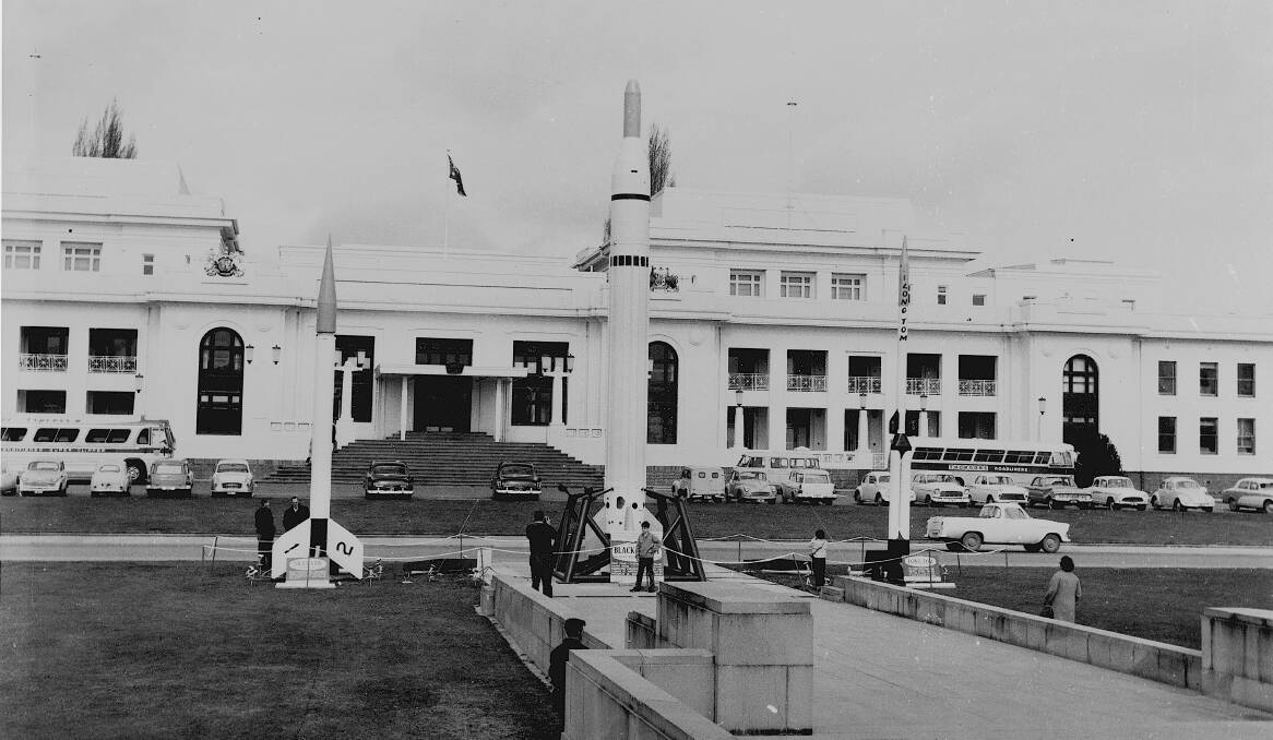 Rocket display out the front of Old Parliament House in 1963. Photo: Museum of Australian Democracy Collection