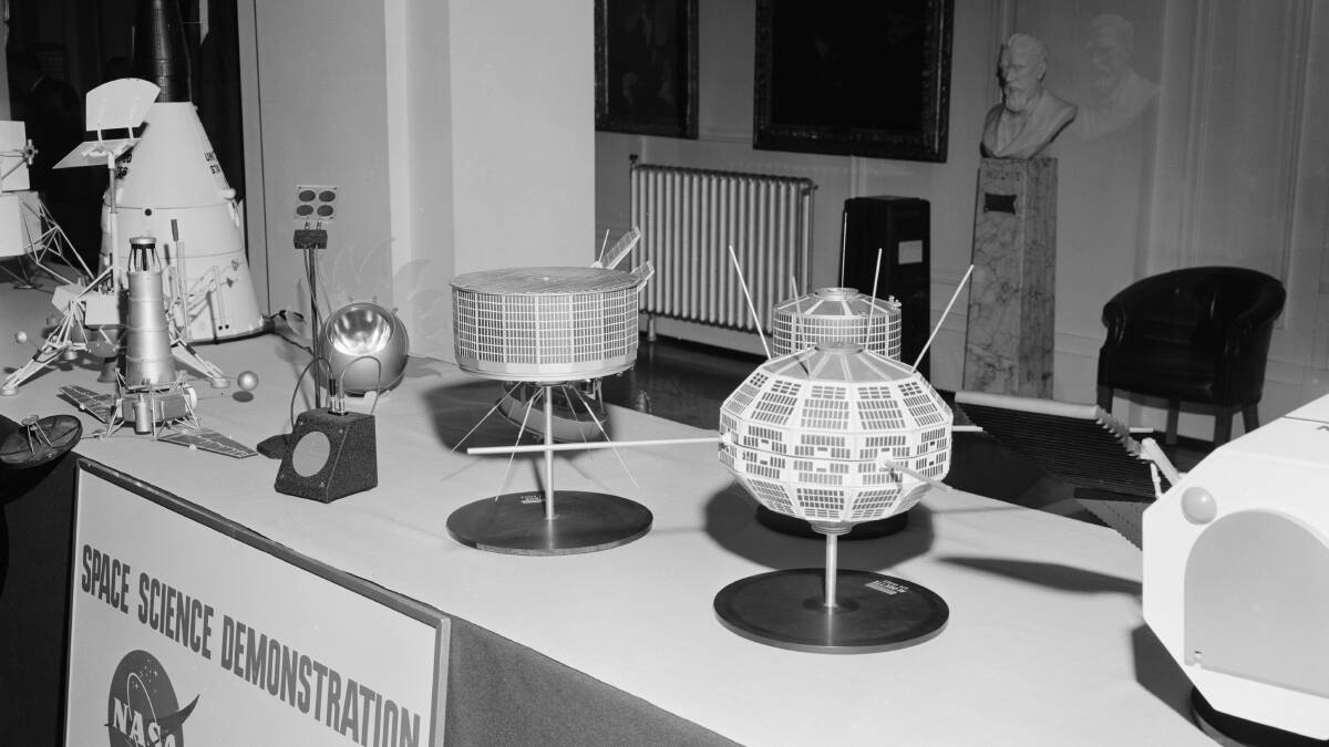 Display of space paraphernalia inside Kings Hall at Old Parliament House in the 1960s. Photo: National Archives of Australia.