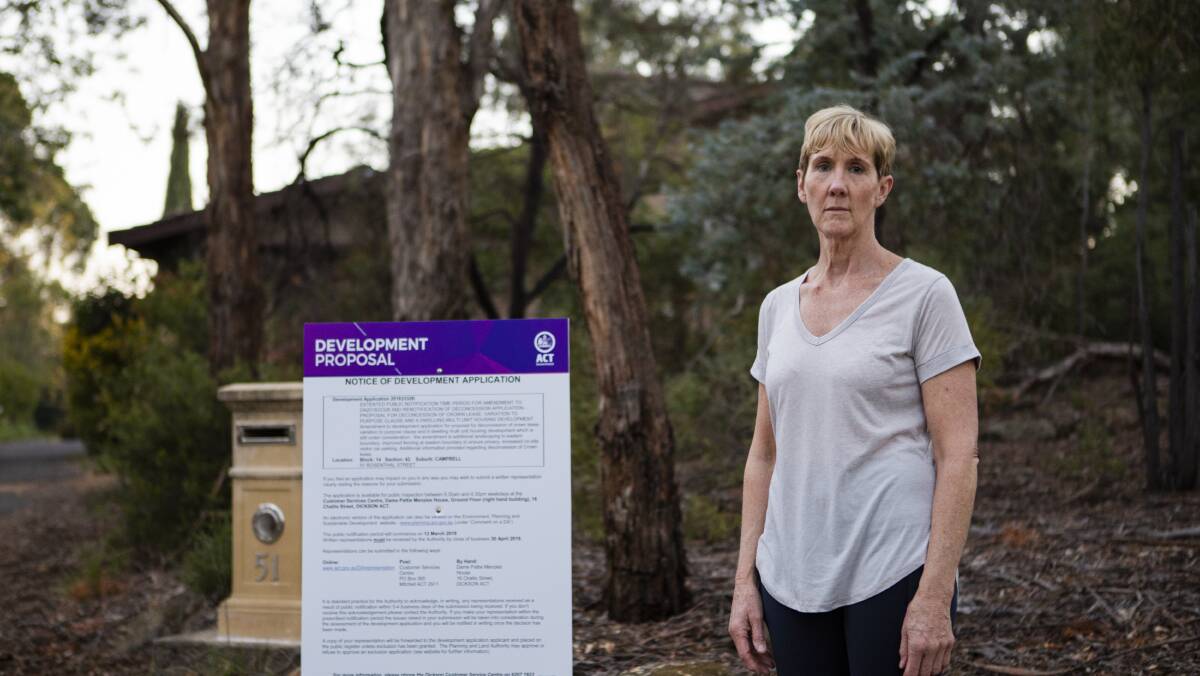 The Anglican diocese wants to demolish the bishop's house in Campbell and build eight townhouses on the site. A neighbour, Tanya Morgan, is one of many opposing the development. Photo: Jamila Toderas.