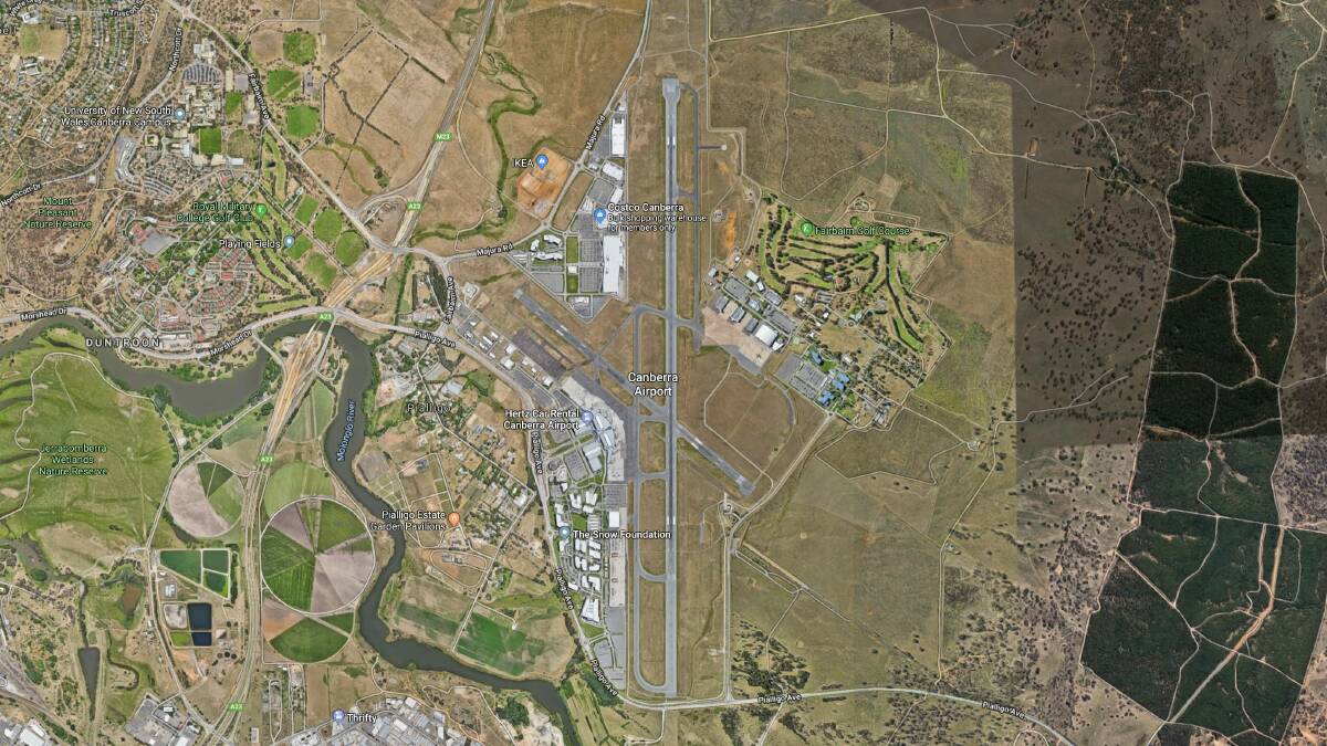 The maps shows the main landing strip running north from Pialligo Avenue, but the terminal side taxiway does not run all the way to the top of the landing strip.
