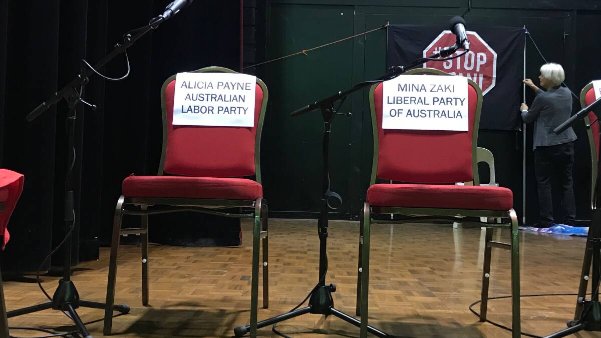 Seats for candidates for the electorate of Canberra at the Stop Adani forum on Tuesday April 16.