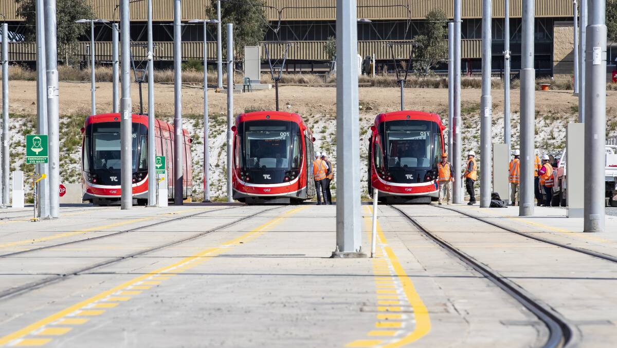 Light rail vehicles in the Mitchell depot's stabling yard. Picture: Sitthixay Ditthavong