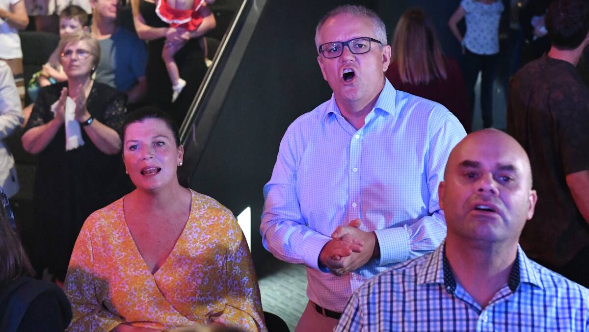 Prime Minister Scott Morrison and wife Jenny at his Horizon Church on Easter Sunday. Photo: AAP