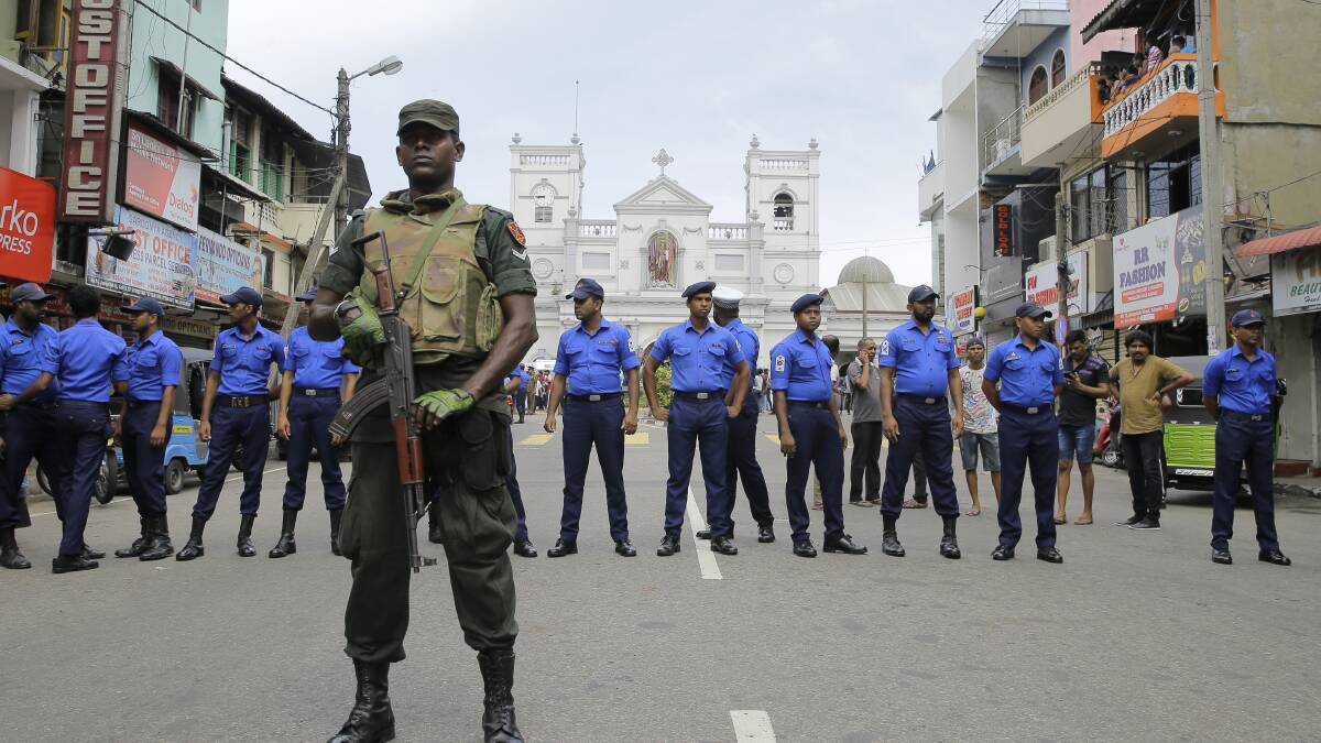 Sri Lankan Army soldiers secure the area around St. Anthony's Shrine. Photo: Eranga Jayawardena/AP