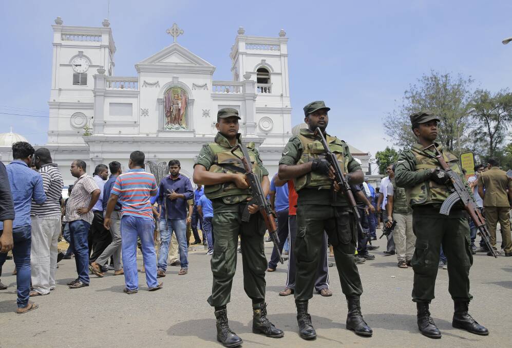Sri Lankan Army soldiers secure the area around St. Anthony's Shrine after a blast in Colombo, Sri Lanka. Photo: AP