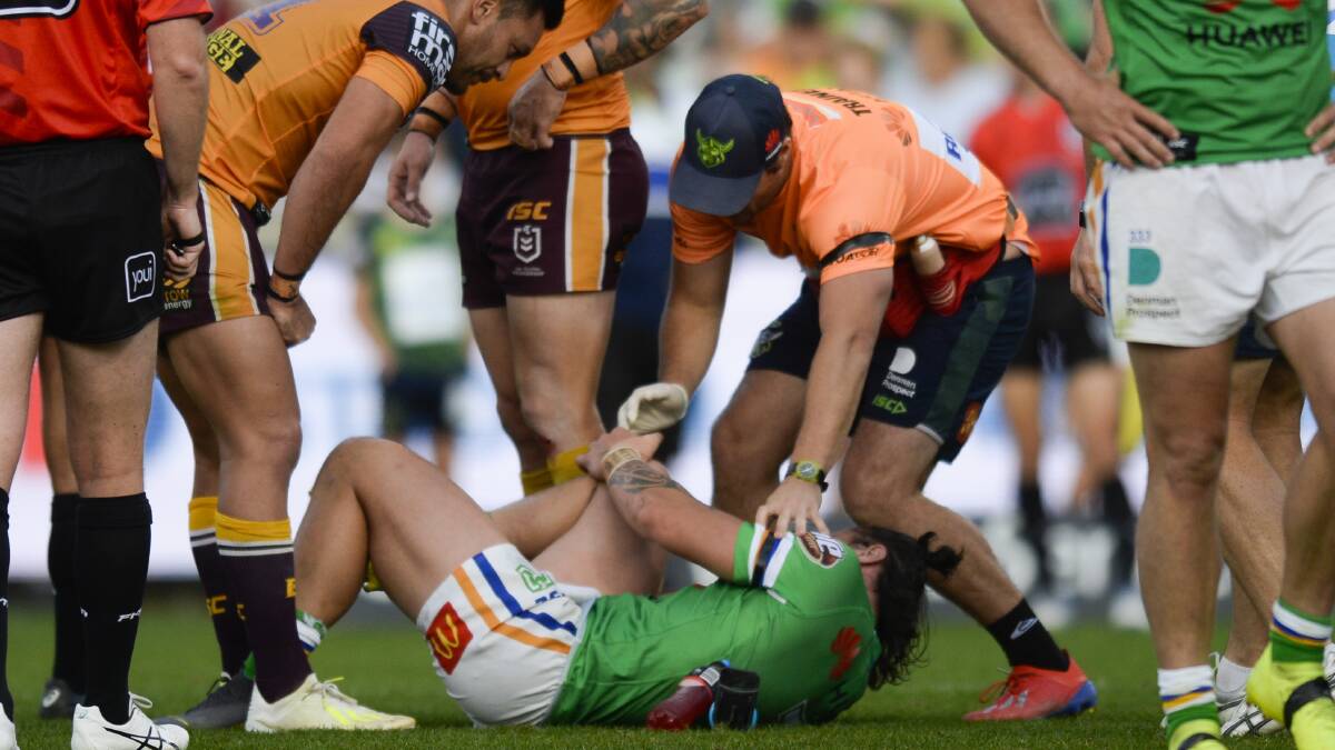 Charnze Nicoll-Klokstad  found himself on the wrong end of a collision with Anthony Milford. Photo: AAP Image/Rohan Thomson