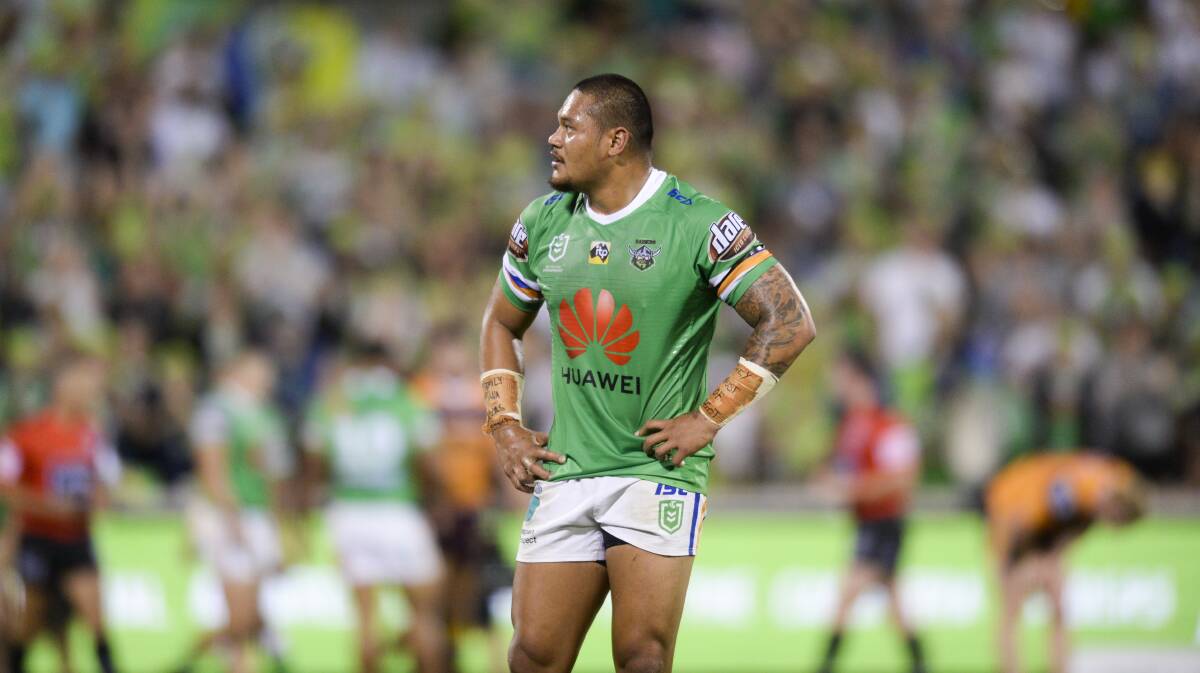 Raiders star Joey Leilua will see a specialist about his neck. Picture: AAP Image/Rohan Thomson