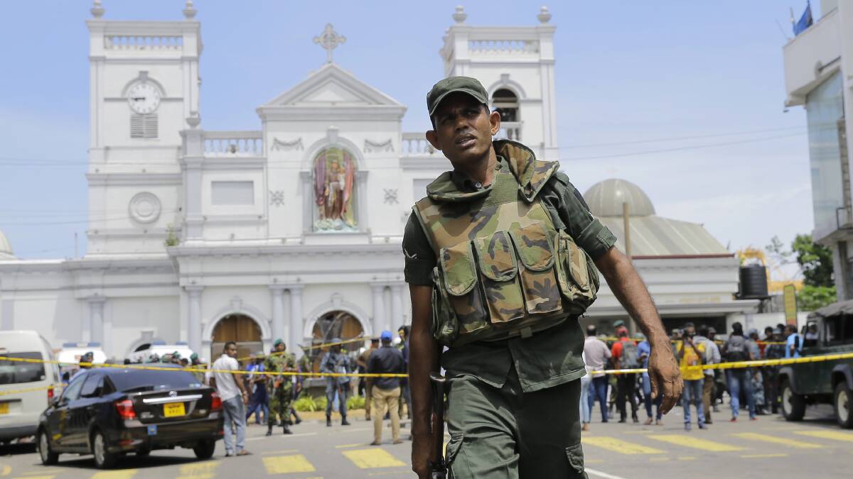 Sri Lankan Army soldiers secure the area around St. Anthony's Shrine after a blast in Colombo, Sri Lanka, on Easter Sunday. Photo: Eranga Jayawardena/AP