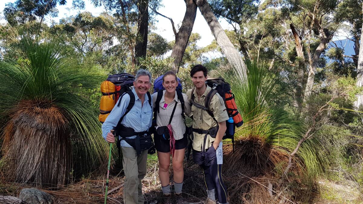 John Studholme, Tom Studholme and Bridie Campbell on the Corn Trail in Monga National Park on the third day of the hike along John's dream trail from the capital to the coast. Photo: Supplied
