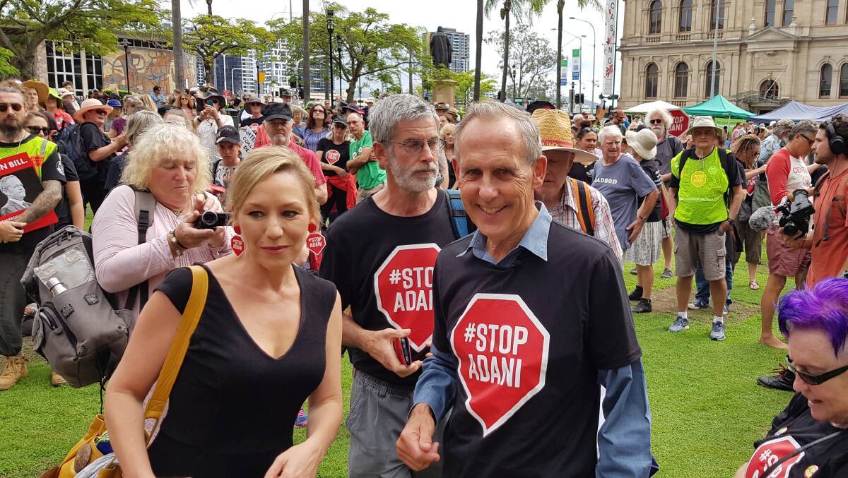 Former Greens leader Bob Brown(right) and Queensland Greens Senator Larissa Waters at the anti-Adani convoy's Brisbane rally. Picture: Stuart Layt