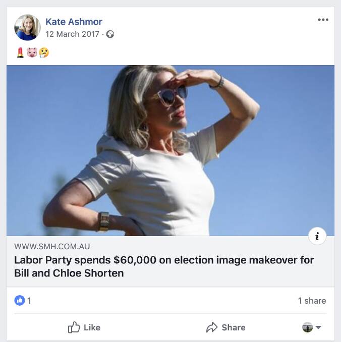Screenshot of a Facebook post by Kate Ashmor with a pig emoji referring to Chloe Shorten, wife of Opposition Leader Bill Shorten. Photo: Facebook. 
