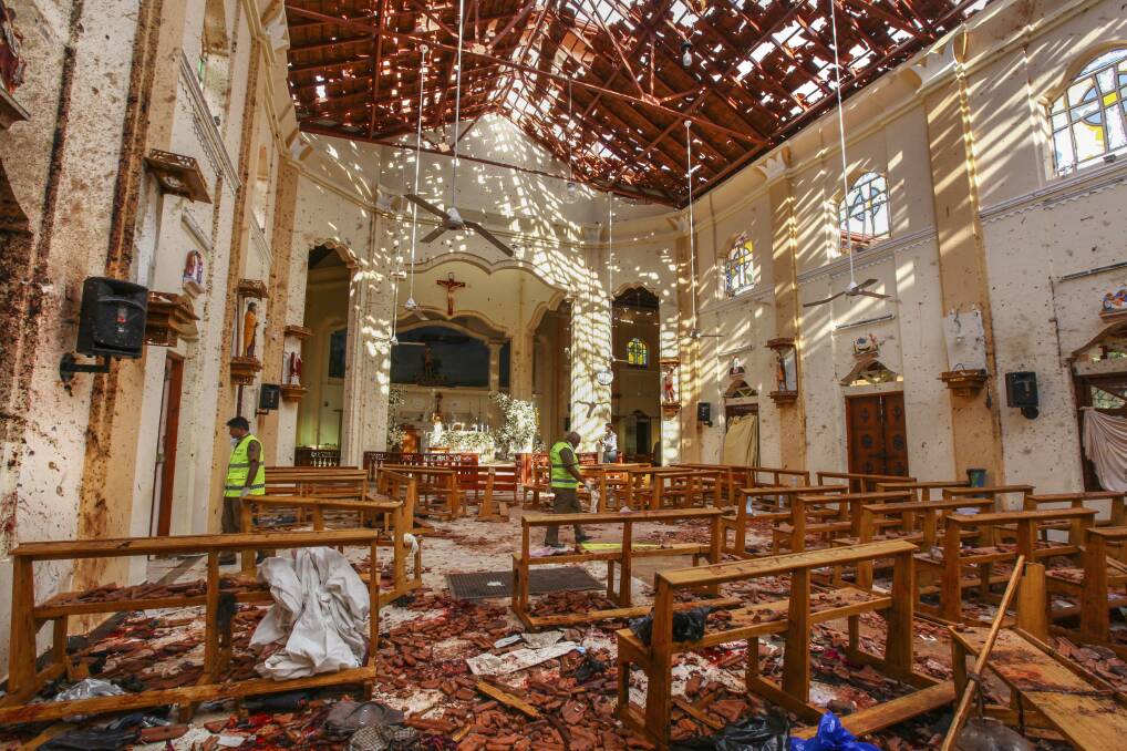 A view of St. Sebastian's Church damaged in blast in Negombo. Photo: AP