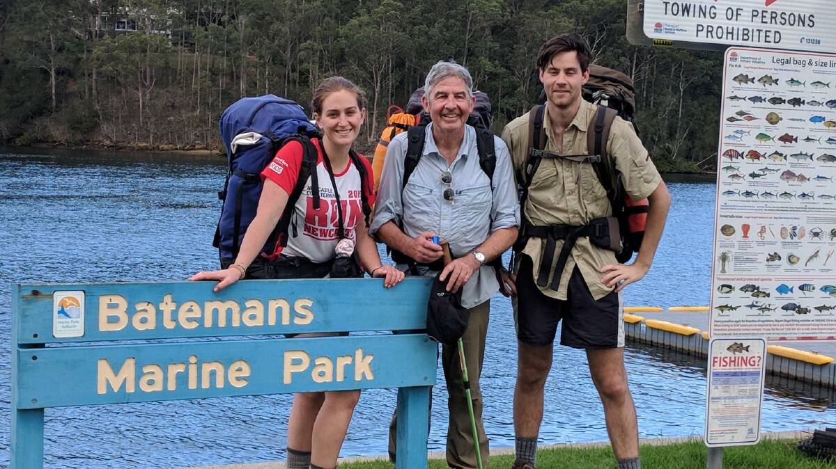 Bridie Campbell, 28, John Studholme, 65, and Tom Studholme, 28, in Nelligen after five days and four nights hiking John's dream capital-to-the-coast 'Camino' trail. Photo: Supplied