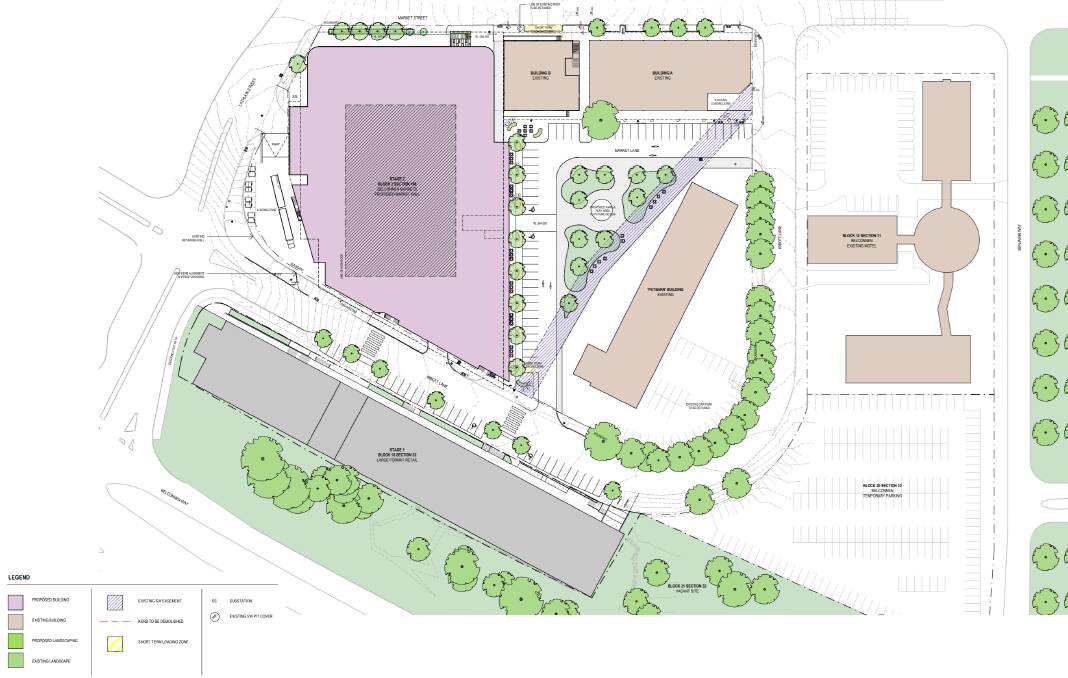 Site plans for the new Belconnen Markets precinct. The purple building is the new market hall, or stage two, while the grey building represents stage one. The existing brown buildings are set to remain. Photo: Stewart Architecture
