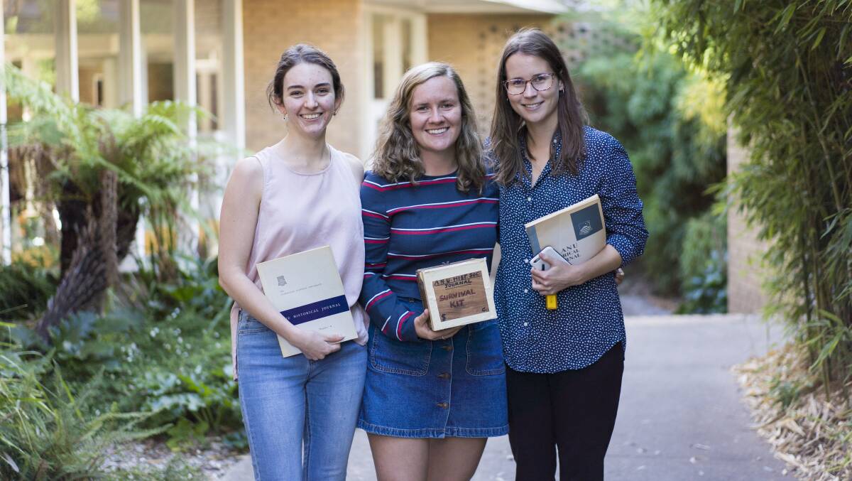 ANU students Madalyn Grant, Jessica Urwin and Emily Gallagher have worked to re-launch the ANU Historical Journal which originally ran in the 1960s, 70s, and 80s. They have now published the first works of notable acedemics and historians. Photo: Dion Georgopoulos