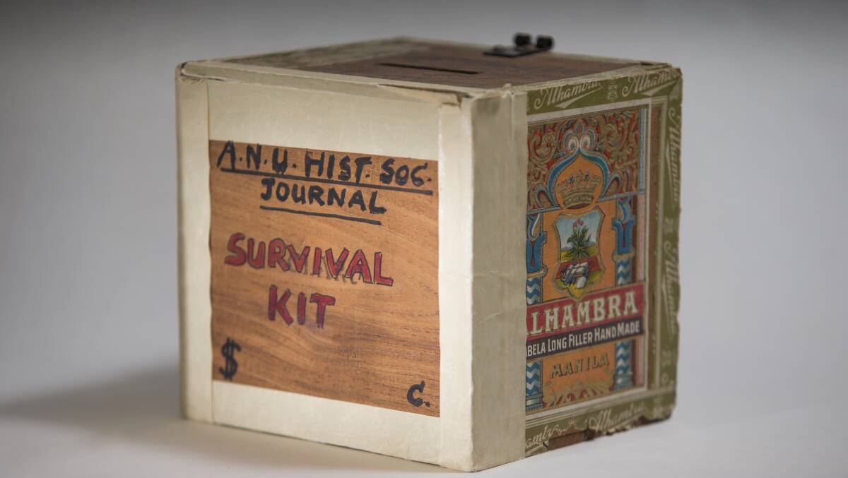 A 1960s cigar box, which was turned into a money box to raise funds to help students publish the ANU Historical Journal. Photo: Supplied