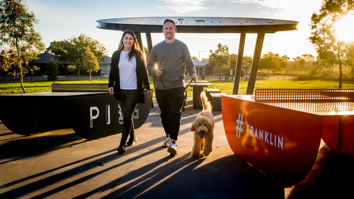 Melanie Schranz and Luke Plunkett who recently sold their Franklin house. Franklin recorded the steepest fall in house prices in the past year, but the couple received a good result. Picture: Elesa Kurtz