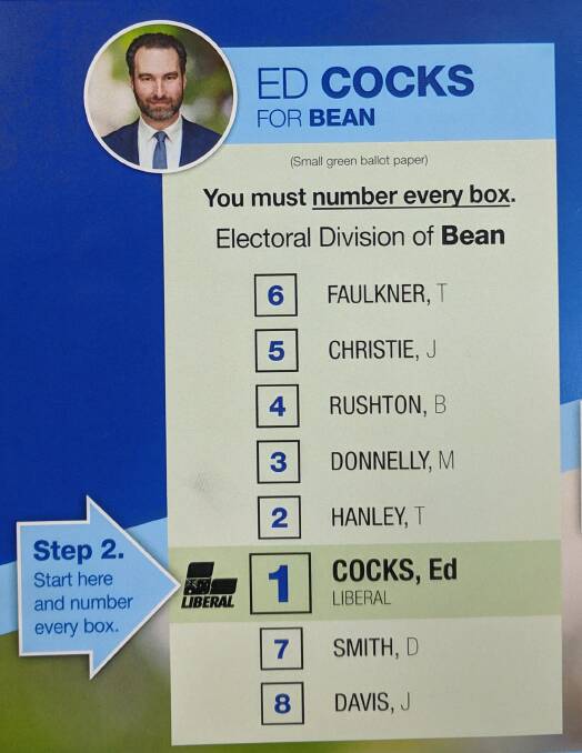 The Liberals' how-to-vote card for the seat of Bean.
