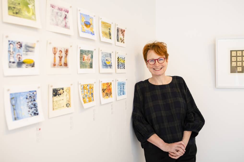 Artist Judy Horacek with works from her exhibition 'Instances' at Beaver Galleries. Picture: Jamila Toderas