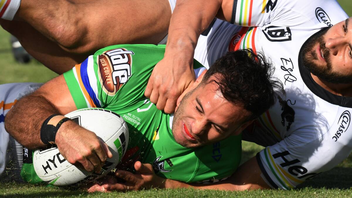 Michael Oldfield of the Raiders scores the opening try. Picture: AAP