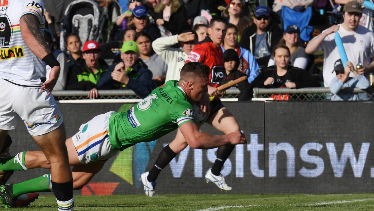 Jack Wighton of the Raiders scores a try. Picture: AAP