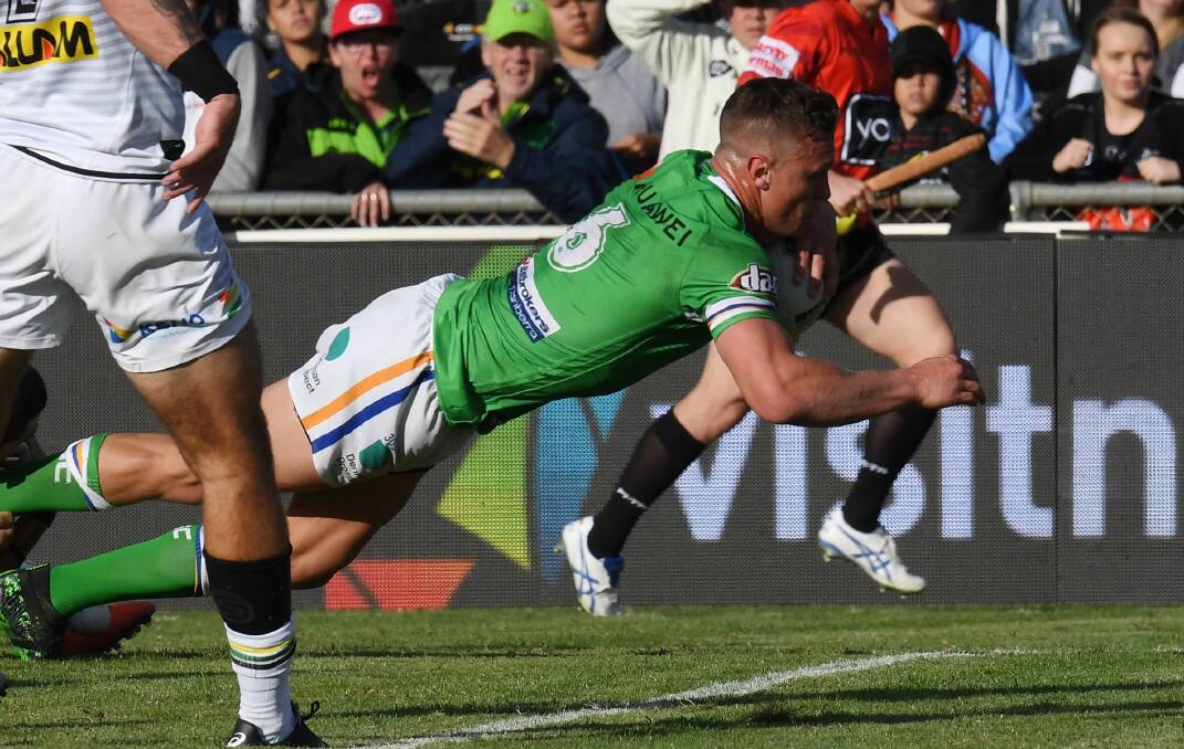 Jack Wighton scores against the Panthers in Wagga. Picture: AAP
